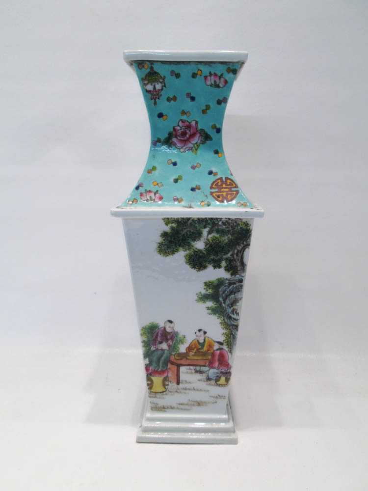 Appraisal: CHINESE PORCELAIN VASE square form with tapered base and cinched