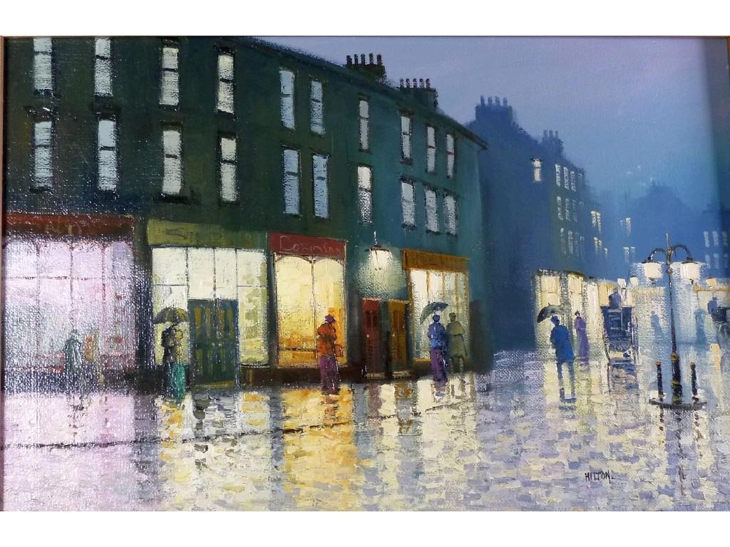 Appraisal: BARRY HILTON OIL PAINTING ON CANVASFigures on a wet winter