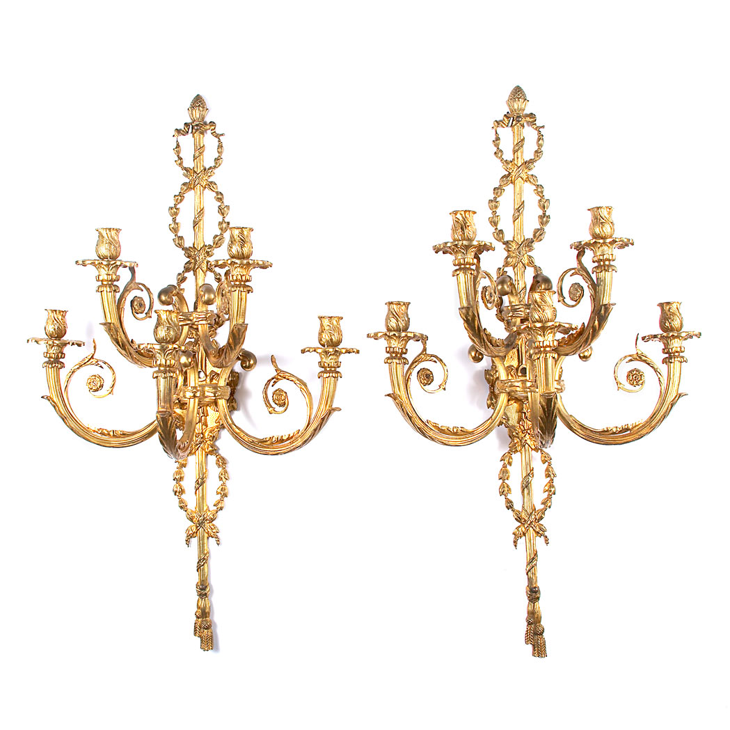 Appraisal: Pair of Louis XVI Style Gilt-Metal Two-Tier Five-Light Sconces Each