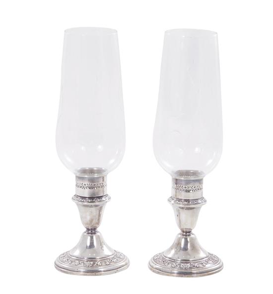 Appraisal: Pair Gorham sterling candlesticks with hurricane shades weighted base and