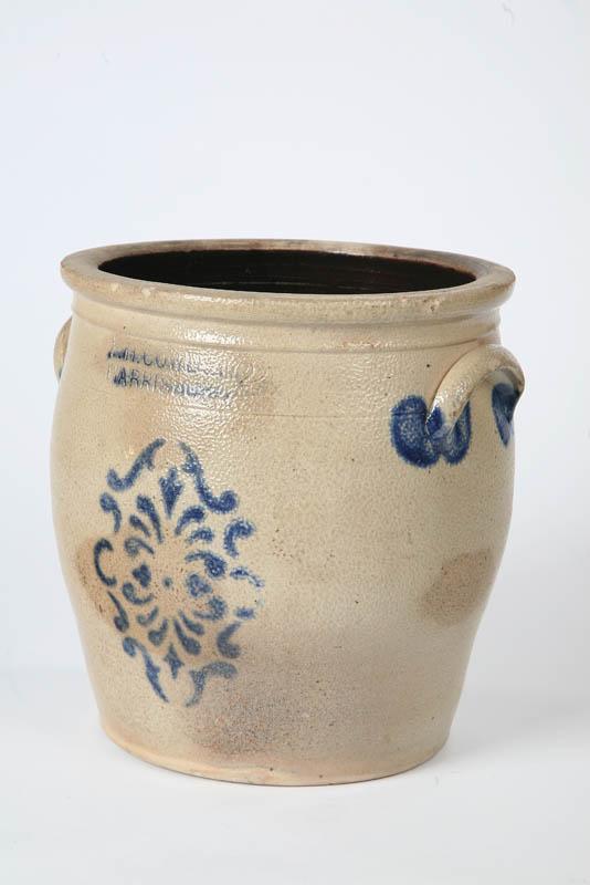 Appraisal: STONEWARE CROCK Ovoid form with a cartouche type cobalt design