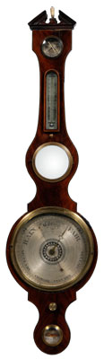 Appraisal: Regency barometerthermometer figured mahogany borders with light-wood string inlay broken-arch