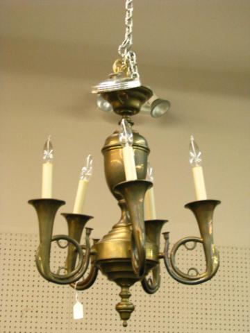 Appraisal: Vintage brass bugle chandelier five branch with candle stick fixture