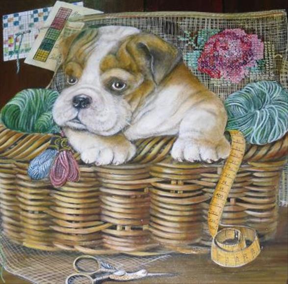 Appraisal: Pia Angelini Pup in a sewing basket Oil on board