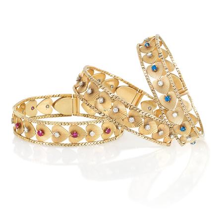 Appraisal: Three Gold Diamond Ruby and Sapphire Bracelets Estimate -