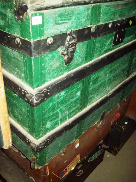 Appraisal: A GREEN WOODEN BOUND TRAVELLING TRUNK A 'S SUITCASE AND