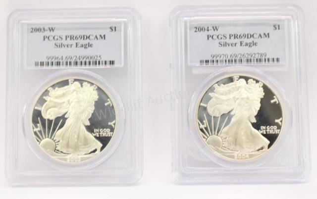 Appraisal: Two PCGS Slabbed Silver Eagles both PR DCAM including -W