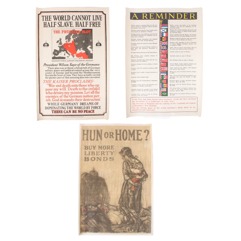 Appraisal: THREE WWI GERMANY POSTERS PRUSSIAN BLOT HUN OR HOME A