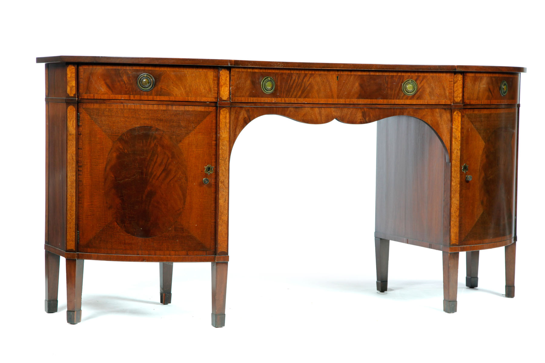 Appraisal: HEPPLEWHITE-STYLE SIDEBOARD Twentieth century mahogany Shaped front with three drawers