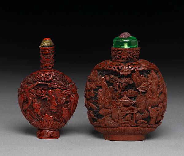 Appraisal: Two carved cinnabar lacquer snuff bottles th Century The first