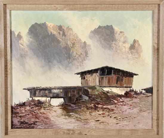 Appraisal: Arnold Grabone German - ALPINE MOUNTAINSCAPE WITH HUT oil on