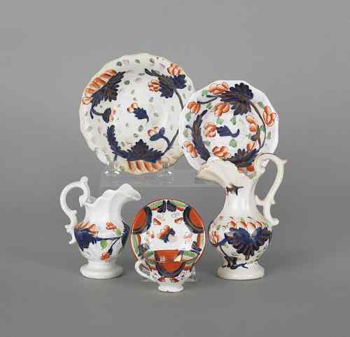 Appraisal: Two miniature gaudy ironstone pitchers and basins together with a