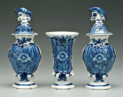 Appraisal: Three piece Delft garniture central vase in flanked by two