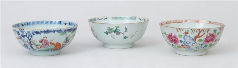 Appraisal: THREE CHINESE EXPORT PUNCH BOWLS Two painted with peony and