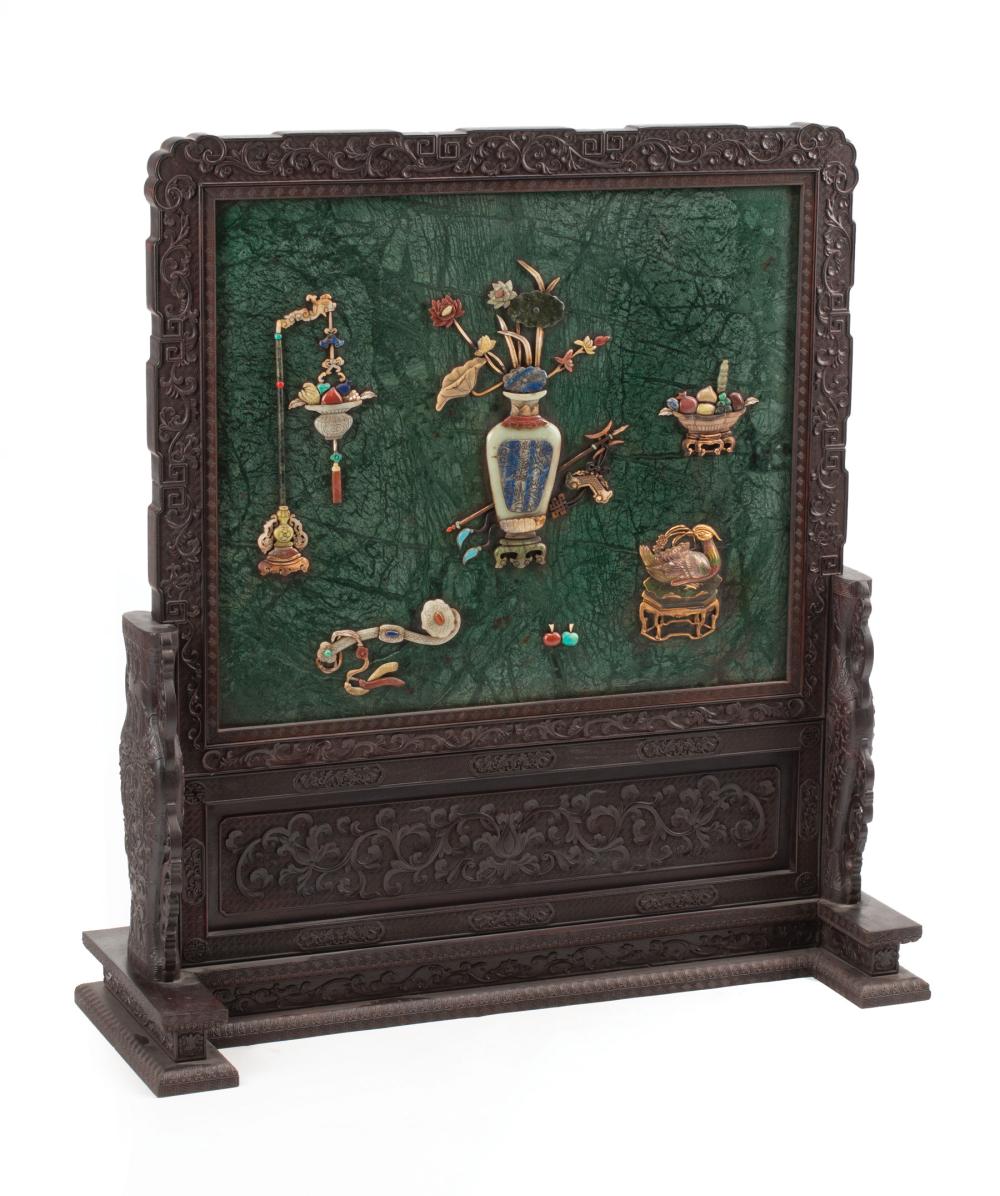 Appraisal: Chinese Cloisonne Hardstone and Mother-of-Pearl Embellished Malachite and Hardwood Screen