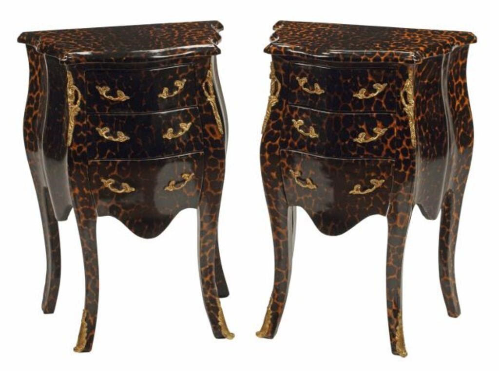 Appraisal: pair Louis XV style three-drawer nightstands decorated with leopard pattern