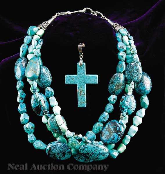 Appraisal: A Four Strand Chunky Turquoise and Silver Necklace with Cross