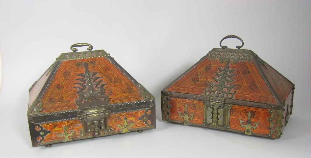 Appraisal: Two Indian Malibar Boxes of sarcophagus shape decorated numerous figures