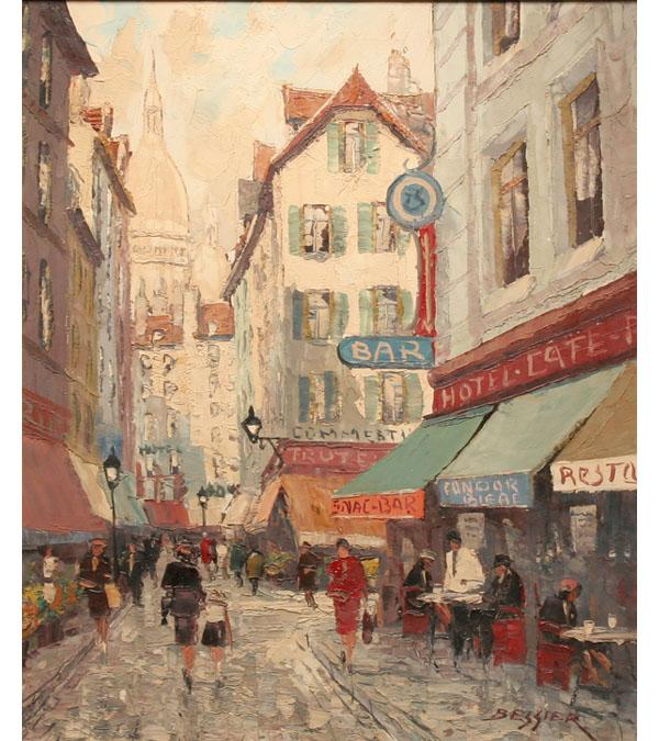 Appraisal: Bessier th century Parisian street scene oil on canvas x