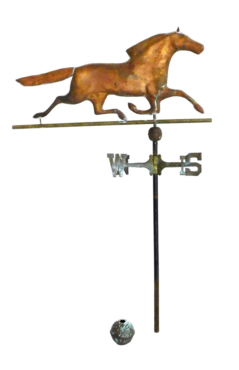 Appraisal: Running horse weathervane molded copper horse above banded spheres and