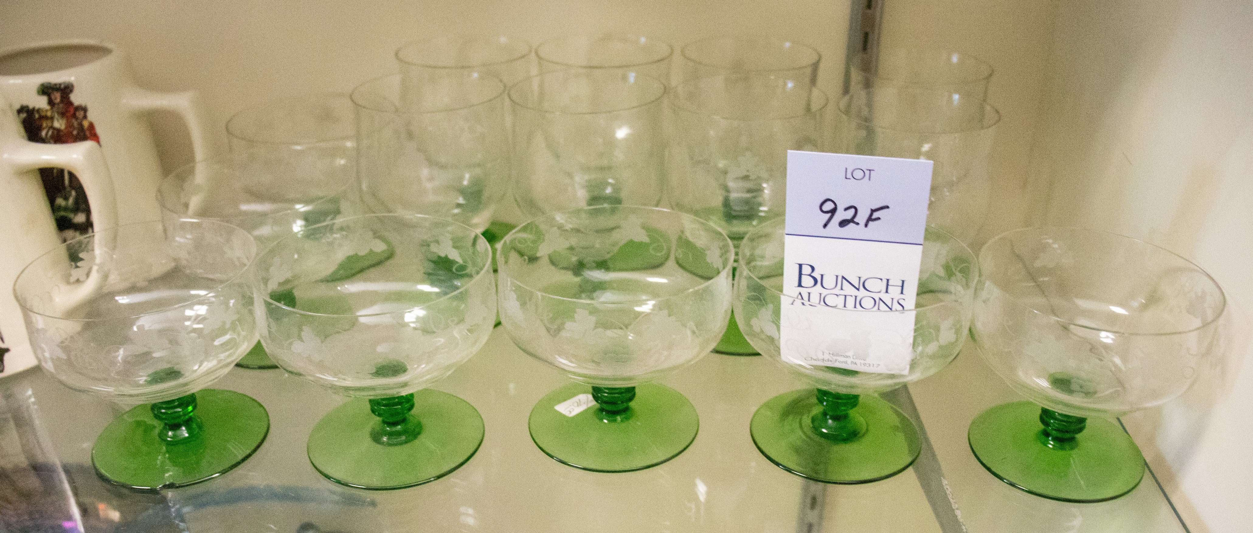 Appraisal: Pcs green clear glass stemware etched with grape clusters vines