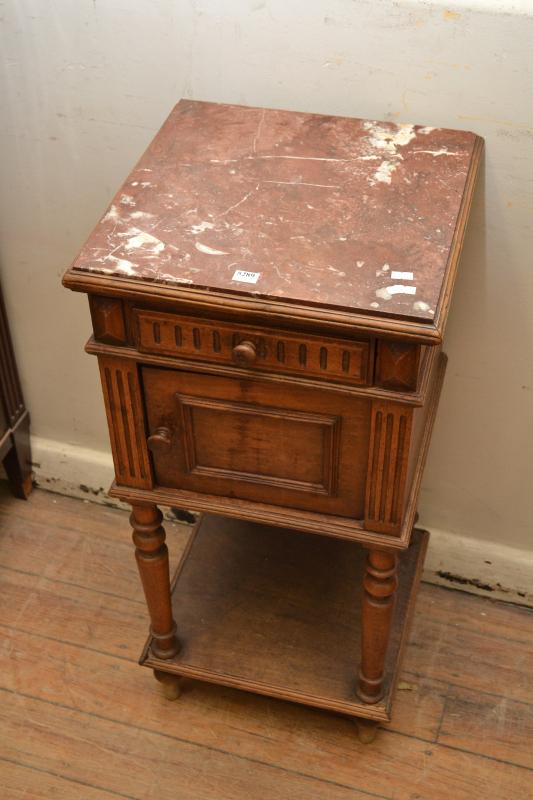 Appraisal: A FRENCH WALNUT MARBLE TOPPED CABINET WITH SINGLE DOOR A