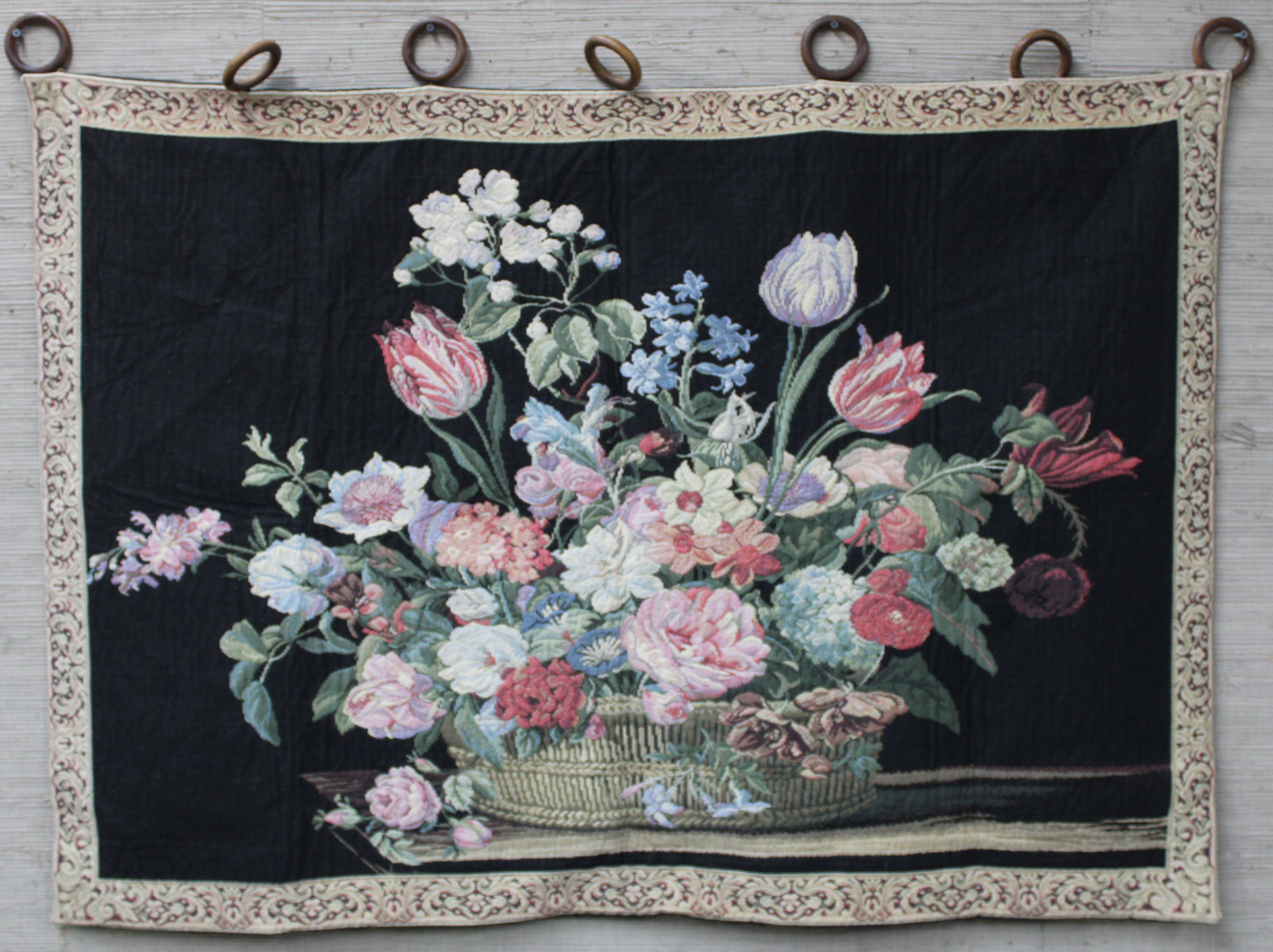 Appraisal: NEEDLEPOINT TAPESTRY Needlepoint tapestry depicting stillife bouquet of flowers H