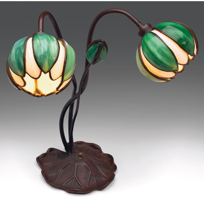 Appraisal: Handel lamp bronzed metal lily pad base three extensions support