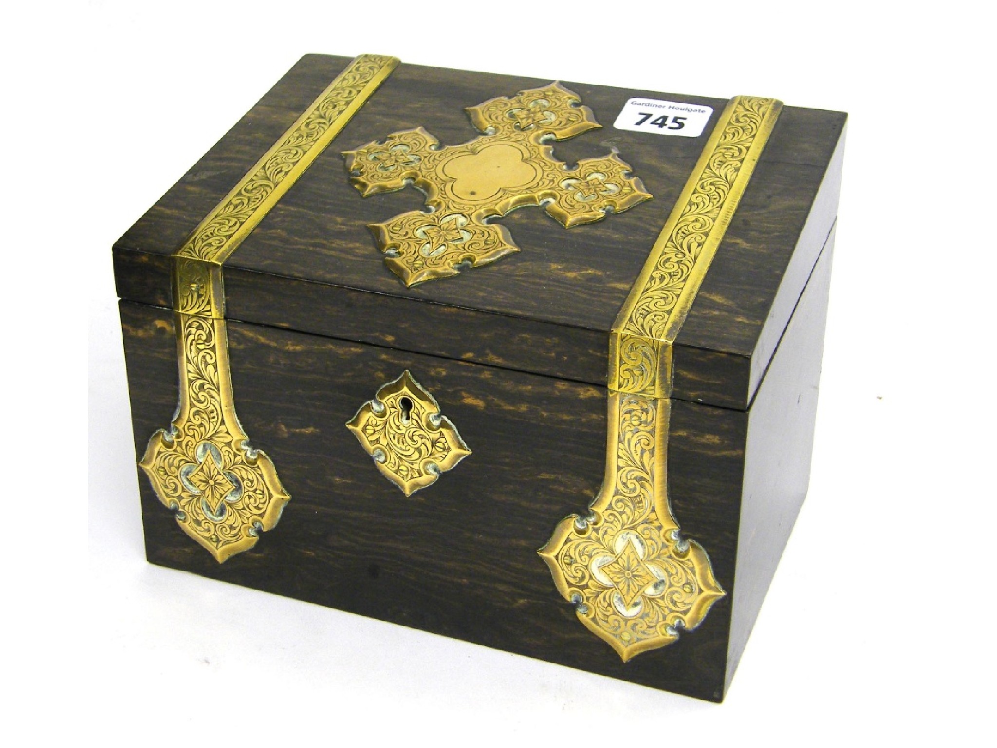 Appraisal: Attractive th century coromandel and brass strapwork box the hinged