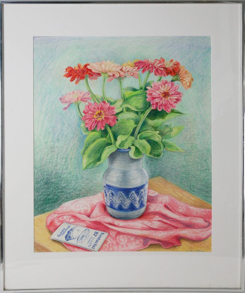 Appraisal: E Cooper Pencil on Paper Still Life Zinnias in Blue