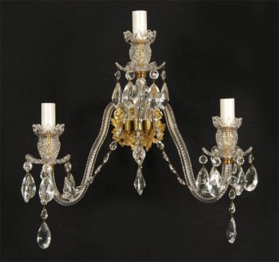 Appraisal: Four cut glass three branch wall lights with circular chromed