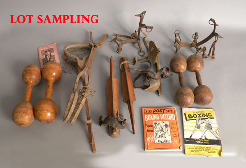 Appraisal: Group of old sports equipment to include skates wooden weights