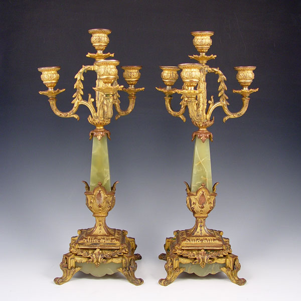 Appraisal: PAIR GILT METAL AND GREEN ONYX CANDELABRA lights center stem