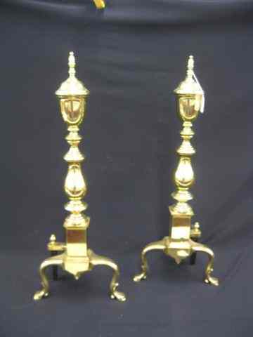 Appraisal: Brass Andirons classical urn top hoof feet '' polished