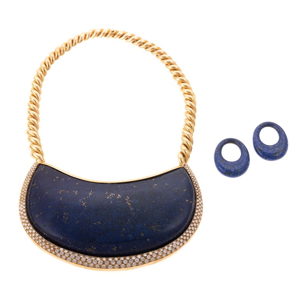 Appraisal: An Impressive Lapis Lazuli Diamond Necklace K yellow gold bib