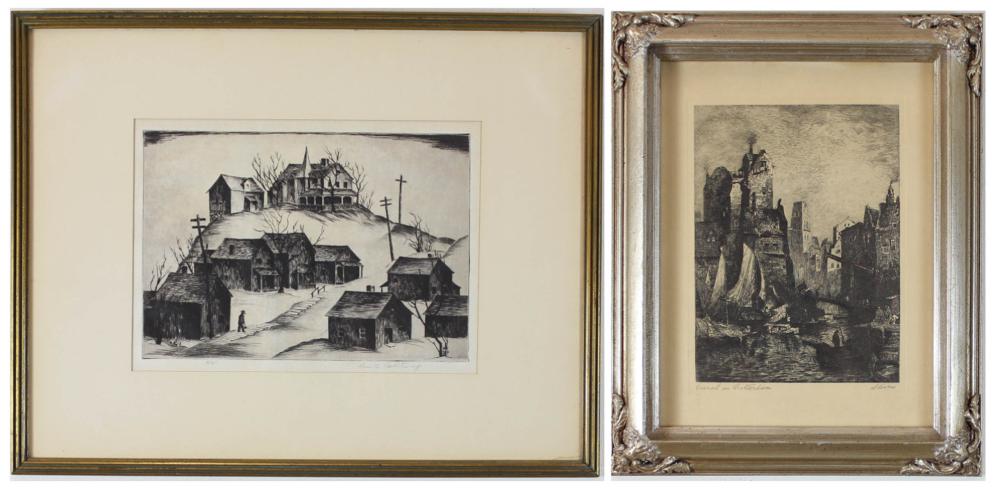 Appraisal: TWO ETCHINGS Lowell S Bobleter Minnesota - Hilltop Manse signed