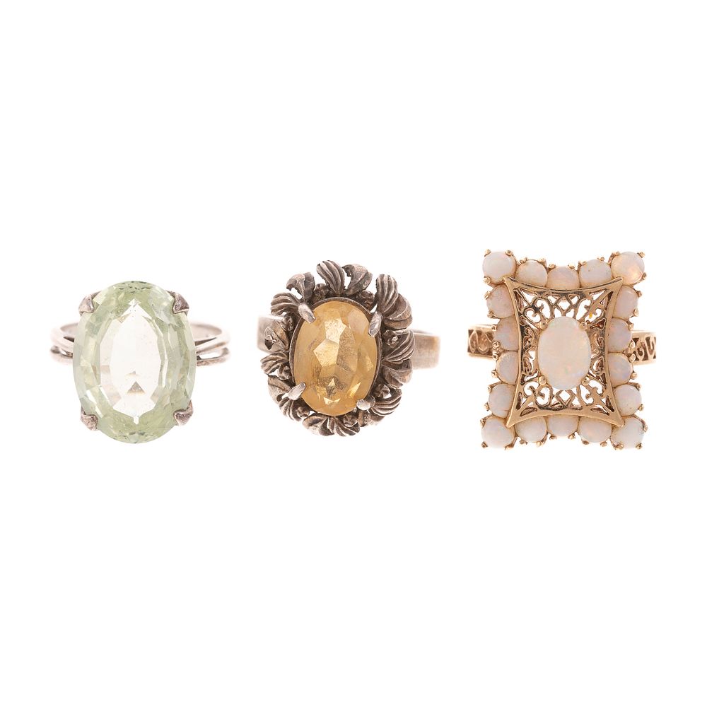 Appraisal: A Trio of Large Gemstone Rings in Gold K yellow