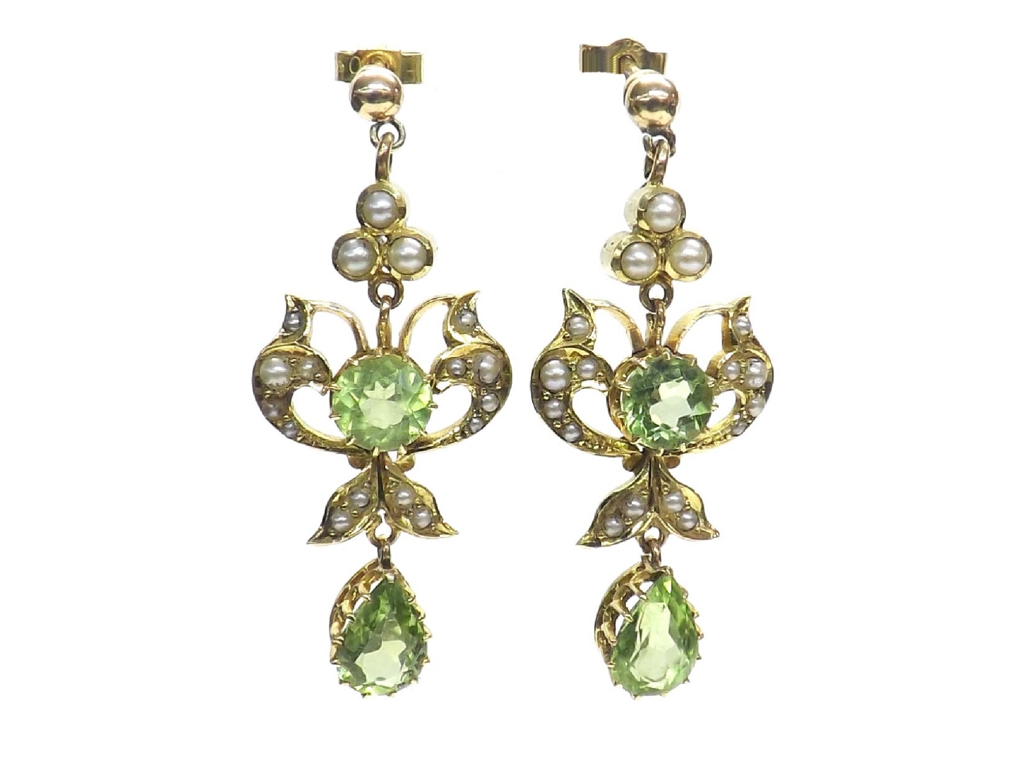 Appraisal: Pair of peridot and seed pearl ct drop earrings drop