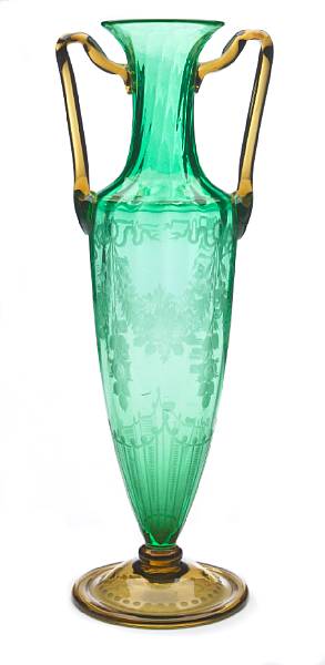 Appraisal: A Steuben engraved Pomona green and amber glass two-handled vase