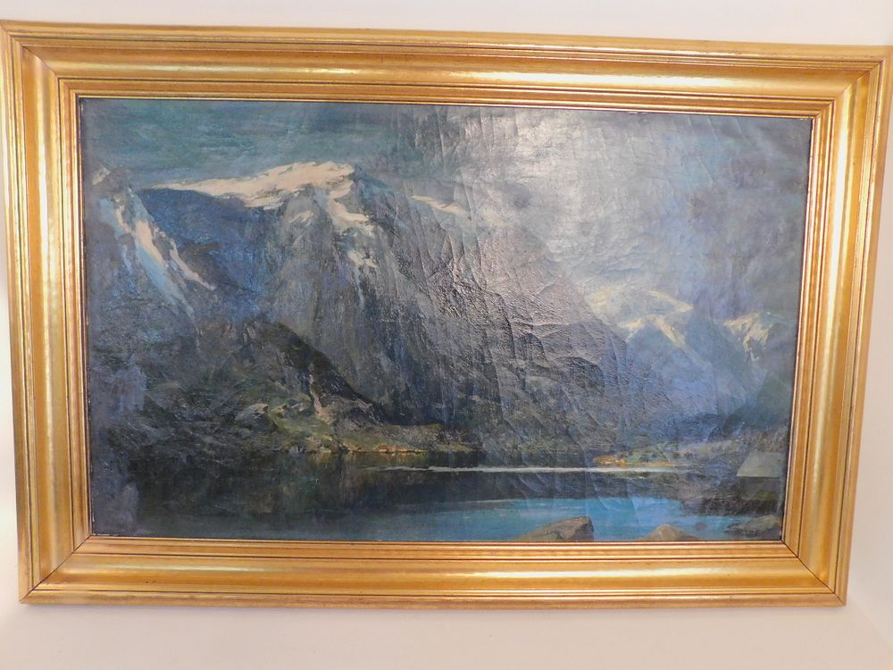 Appraisal: ROBERT KLUTH PAINTING MOUNTAINS Old oil on canvas of a