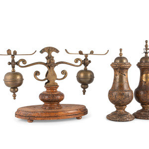 Appraisal: A Wood and Brass Scale Salt Shaker and Pepper Mill