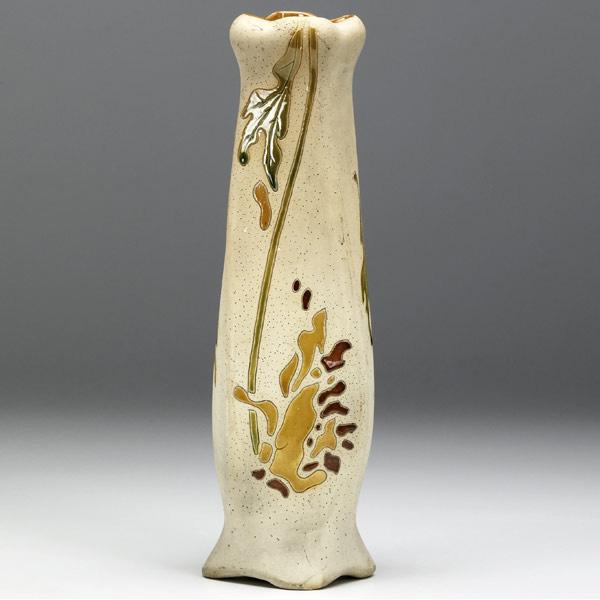 Appraisal: ROSEVILLE Rozane Woodland twisted vase enamel-decorated with leaves Some glaze