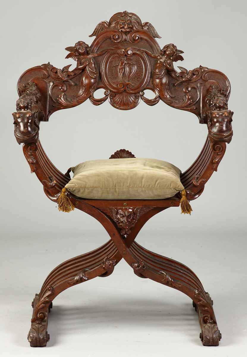 Appraisal: French Carved Walnut Chair th cent W mermaids on arms