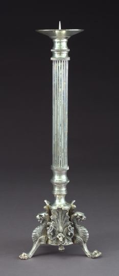 Appraisal: Large French Silverplate Columnar Tripodal Pricket Candlestick in the Neo-Grecque