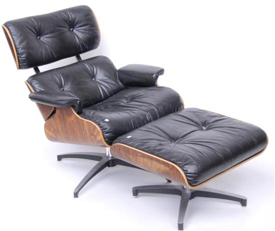 Appraisal: EAMES-STYLE ROSEWOOD LEATHER CHROME SWIVEL CHAIR WITH OTTOMAN