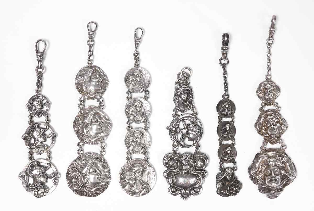 Appraisal: ART NOUVEAU STERLING WATCH FOBS To include disc woman's right