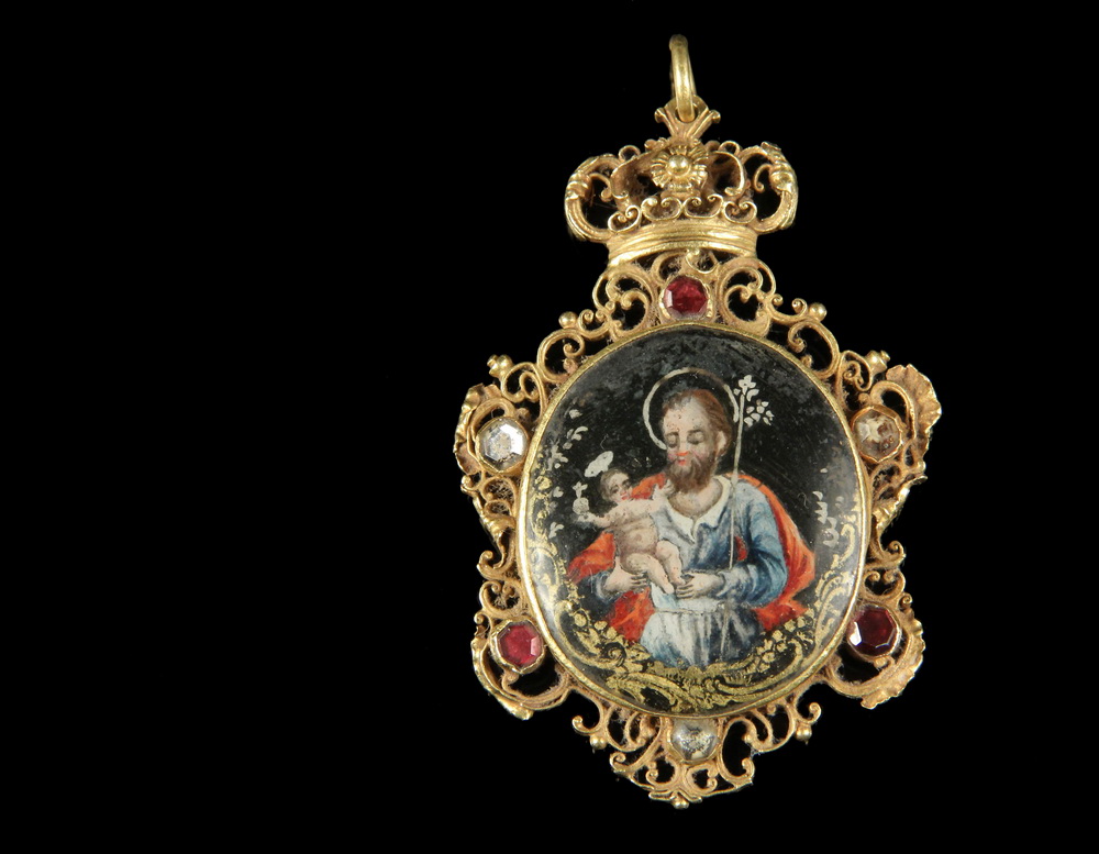 Appraisal: TH C SPANISH RELIQUARY - Oval Reliquary Pendant Saint Joseph