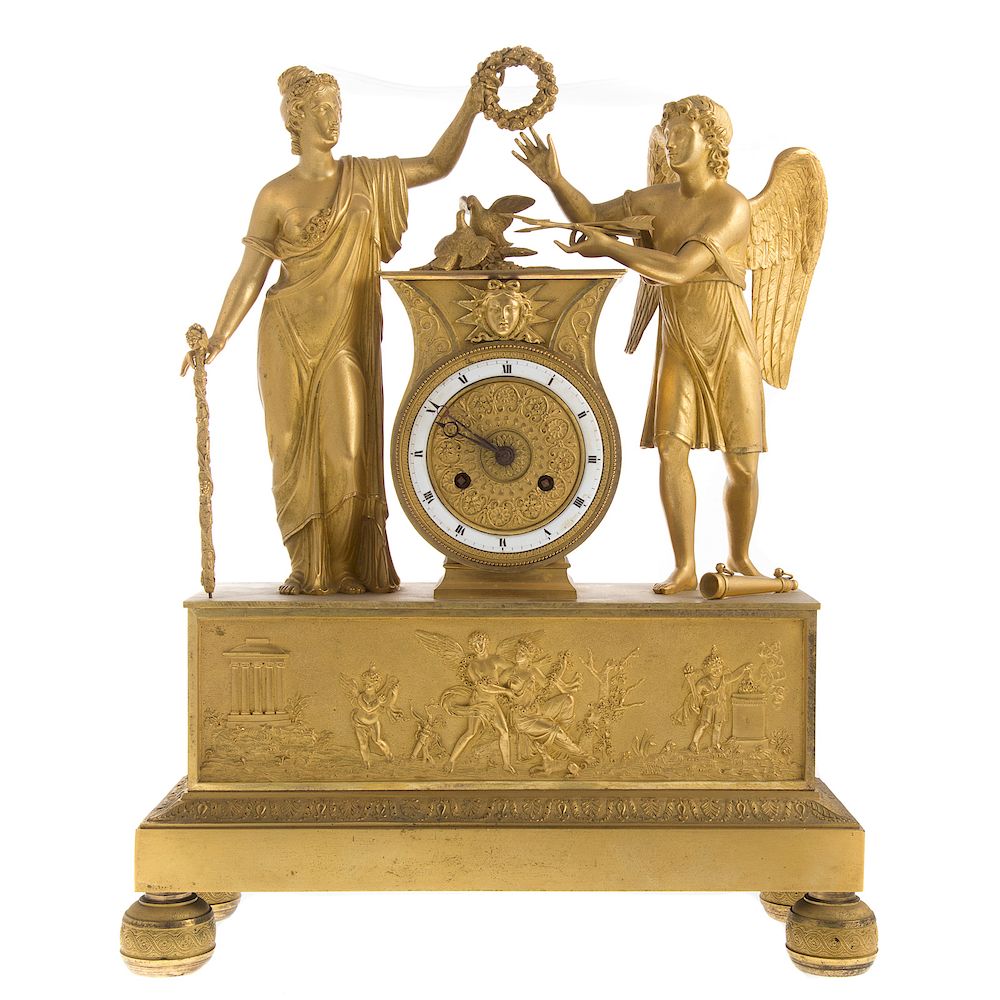 Appraisal: French Empire gilt bronze figural mantel clock first quarter th