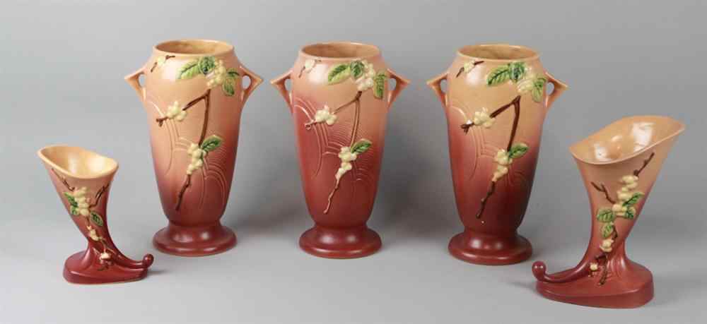 Appraisal: THREE LARGE ROSEVILLE PINK SNOWBERRY PATTERN VASES cylindrical with small