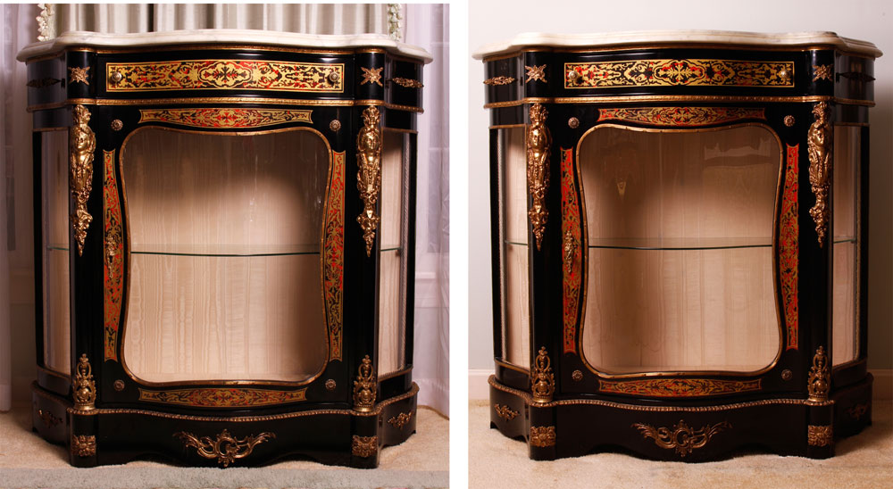 Appraisal: - Pair Napoleon III Marble Top Boulle Side Cabinets Napoleon